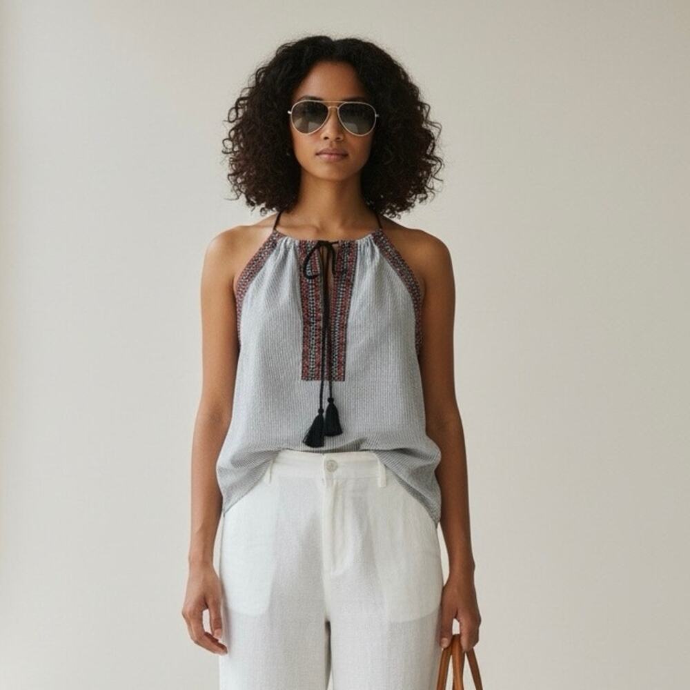 LOFT Bohemian Embroidered Halter Neck Top Blue White Striped Tassel Blouse M